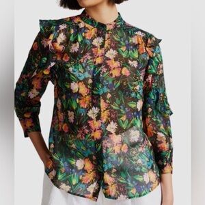 TED BAKER Abstract Floral Print Carita Ruffle Semi Sheer Shirt Blouse Top